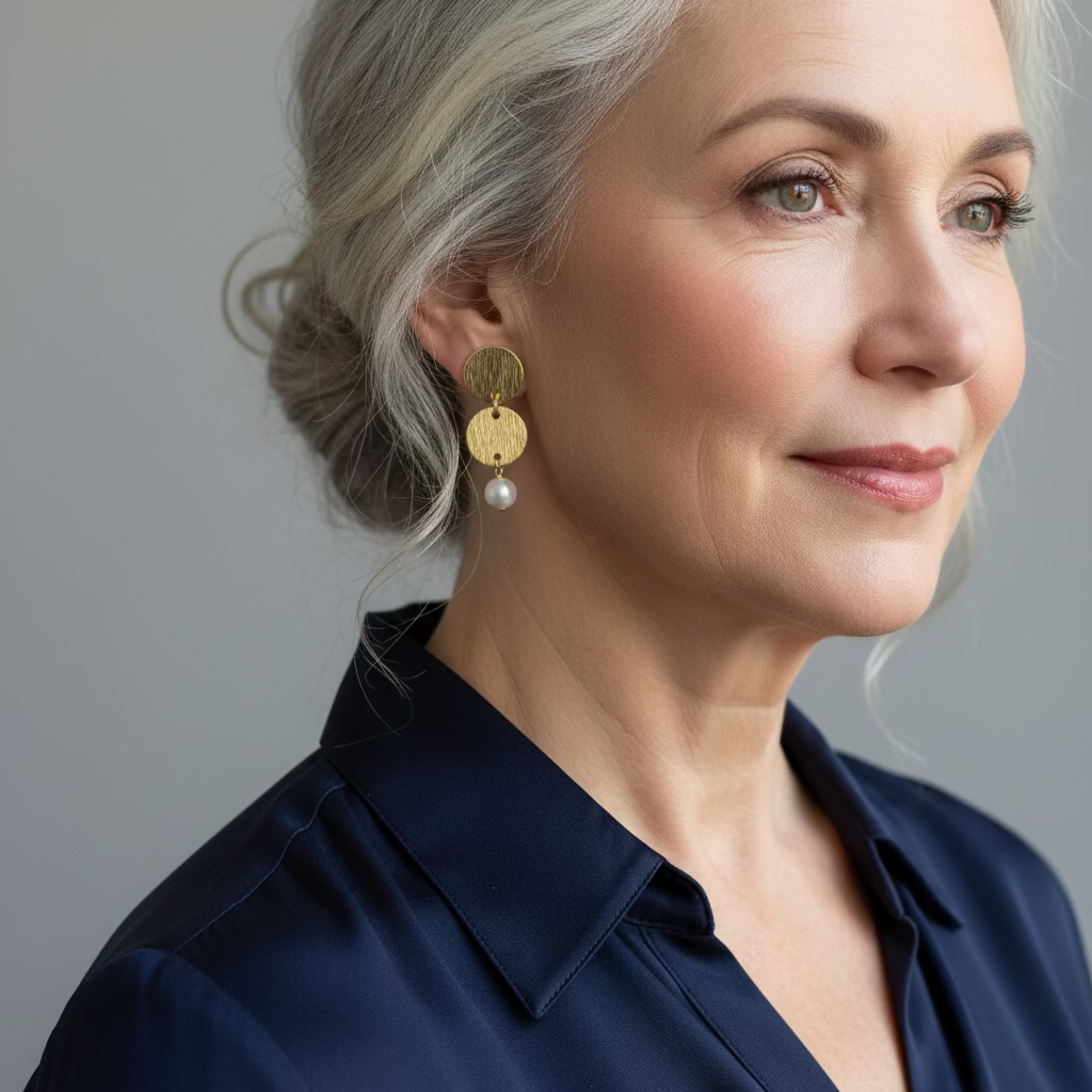 gold brass and pearl earrings on a female