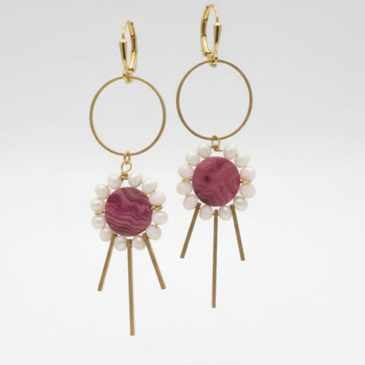 Pair of pink stone, white glass and brass earrings