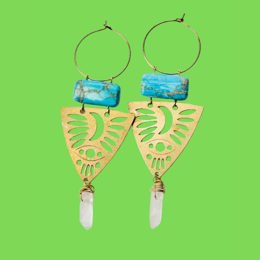 Gold Brass + Stone Statement Unique Earrings