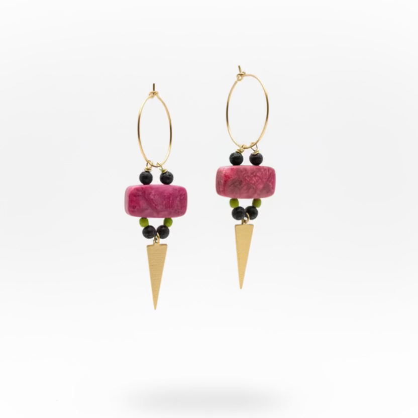 Pair of earrings with pink beads and gold accents on a white background