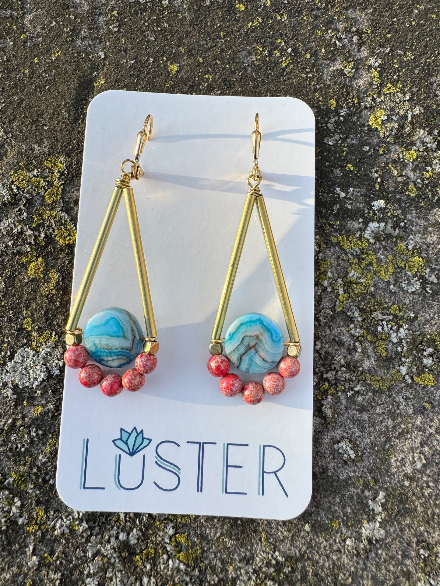 Gold Brass + Stone Lightweight Statement Unique Earrings