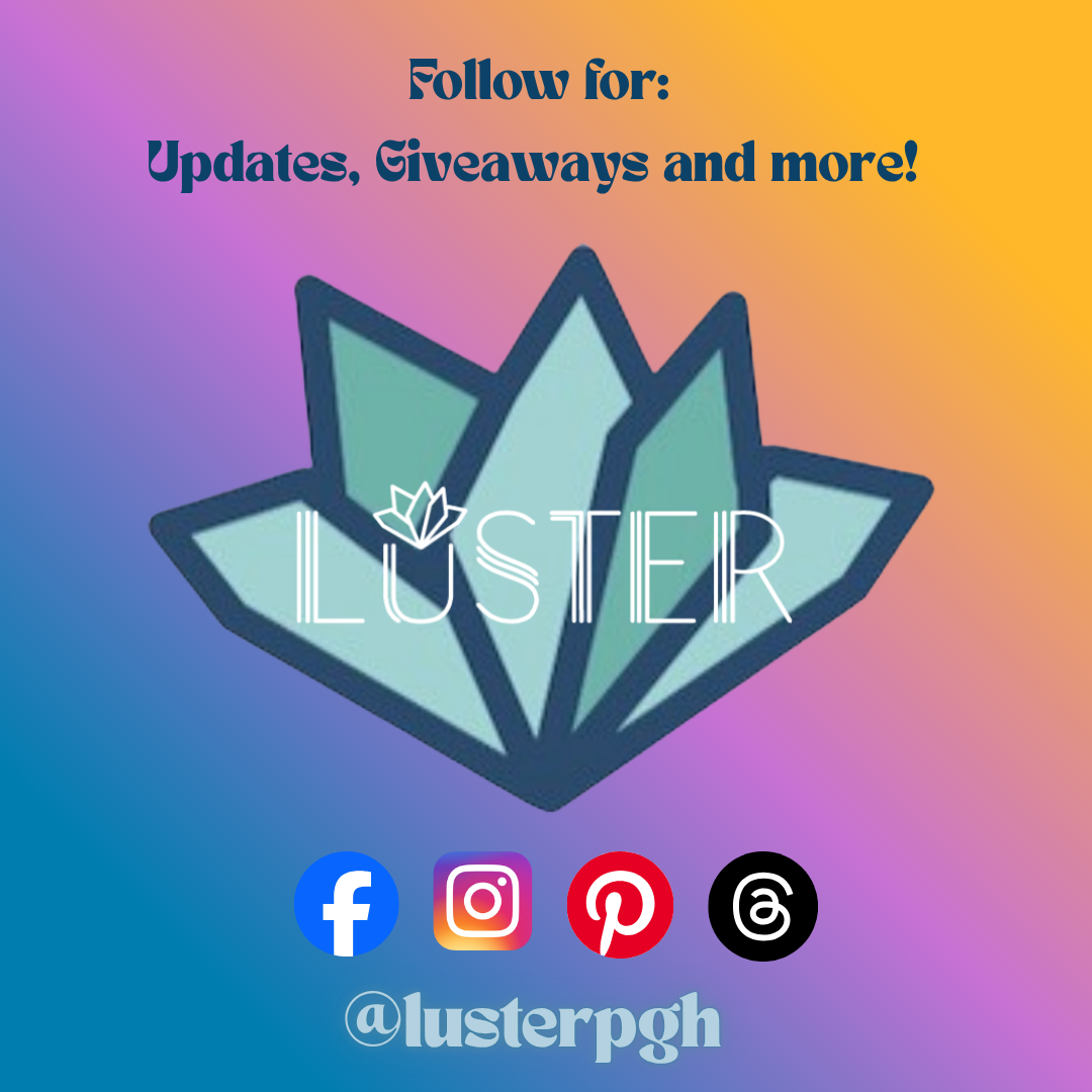 Promotional graphic for Luster with social media icons and text on a gradient background