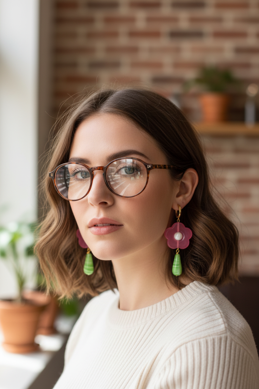 Pink flower-shaped earrings with green teardrop charms worn by a young woman