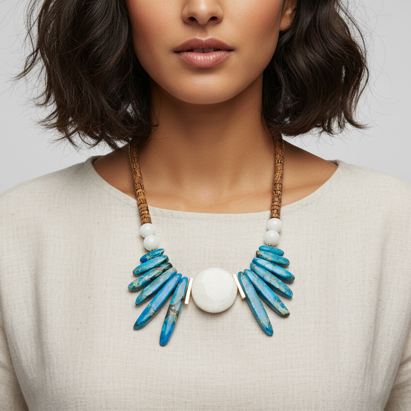 large teal and white beaded necklace on a woman