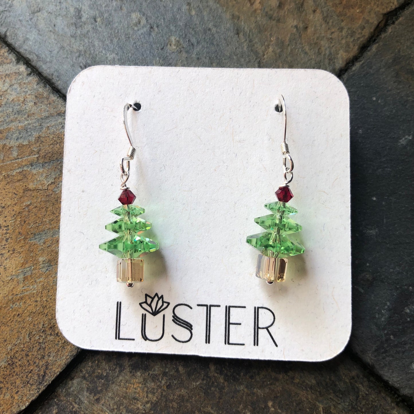 Crystal tree earrings in green with red top and brown cube bottom. Sterling silver hook earwires.