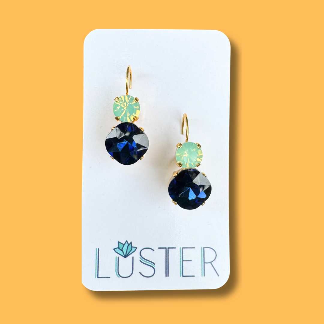 Pair of earrings on a Luster branded card against an orange background