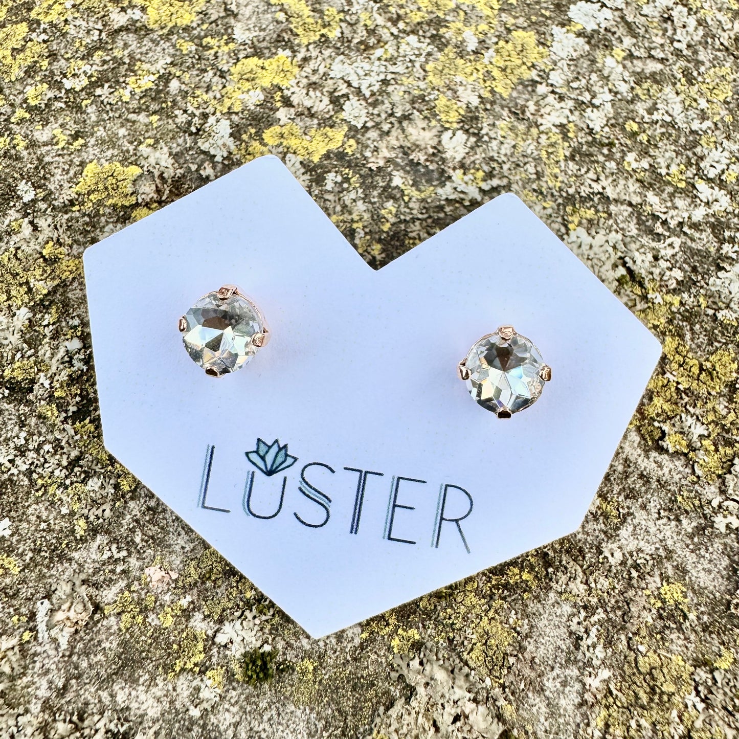 Crystal stud earrings on a Luster branded card with a natural background