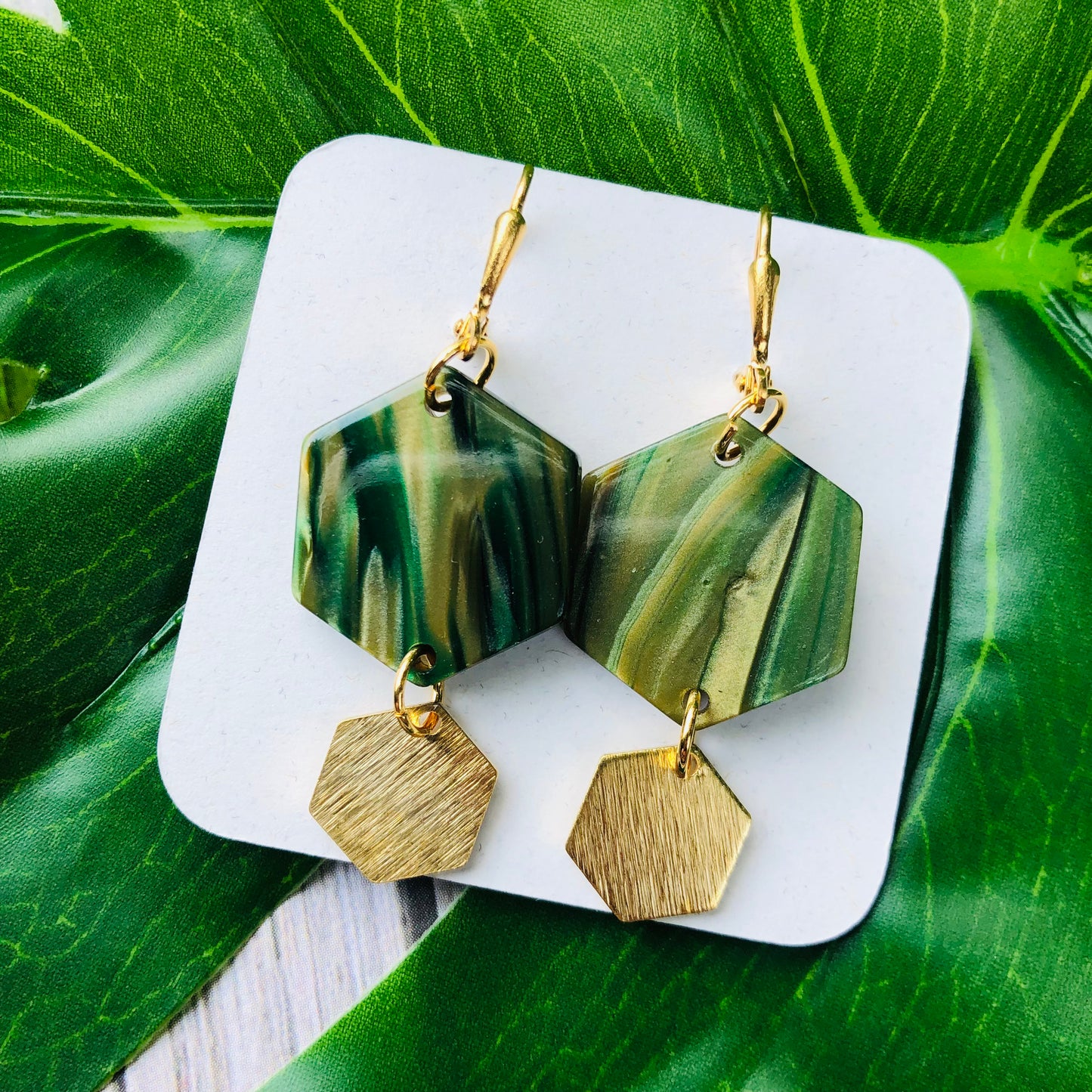 Green Hexagon Earrings