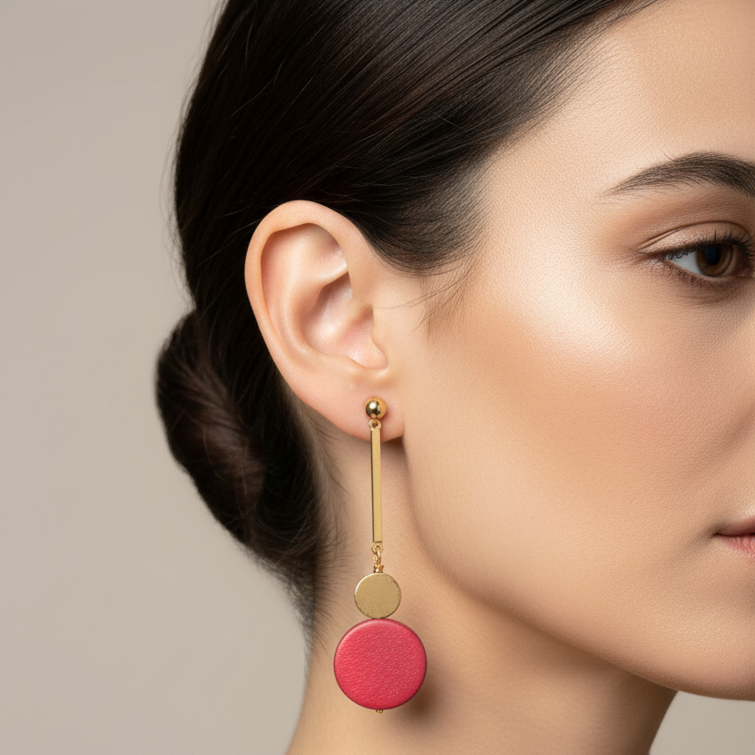 Pair of earrings with red circular charms and gold accents on a female