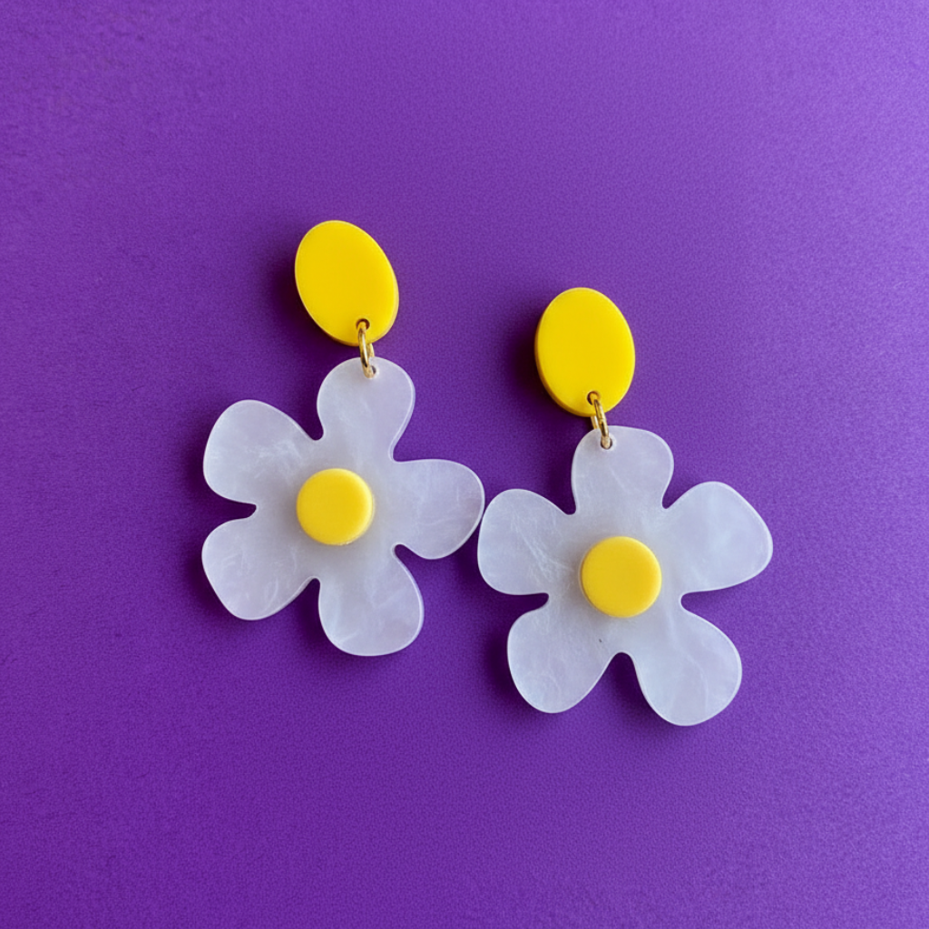 A pair of daisy-shaped drop earrings with translucent white petals, bright yellow circular studs, and small gold-tone rings, displayed on a textured purple background.