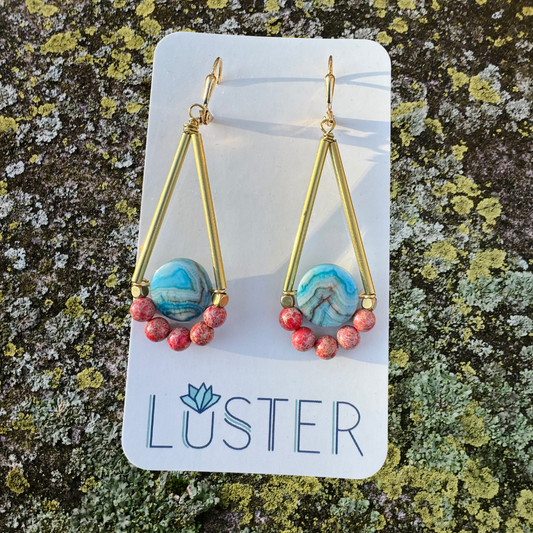 Gold Brass + Stone Lightweight Statement Unique Earrings