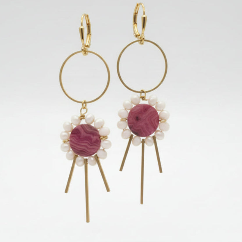 Pair of pink stone, white glass and brass earrings 