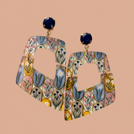 Floral Folk Art Trapezoid Earrings