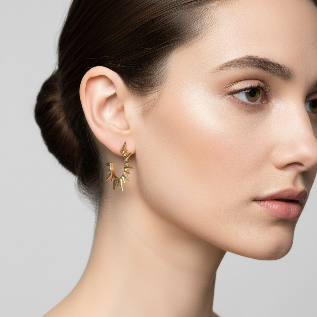 Close-up of a woman wearing gold hoop earrings against a neutral background