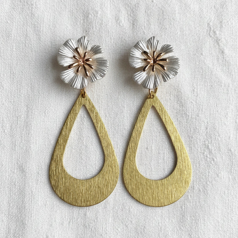 Hibiscus + Brass Teardrop Earrings