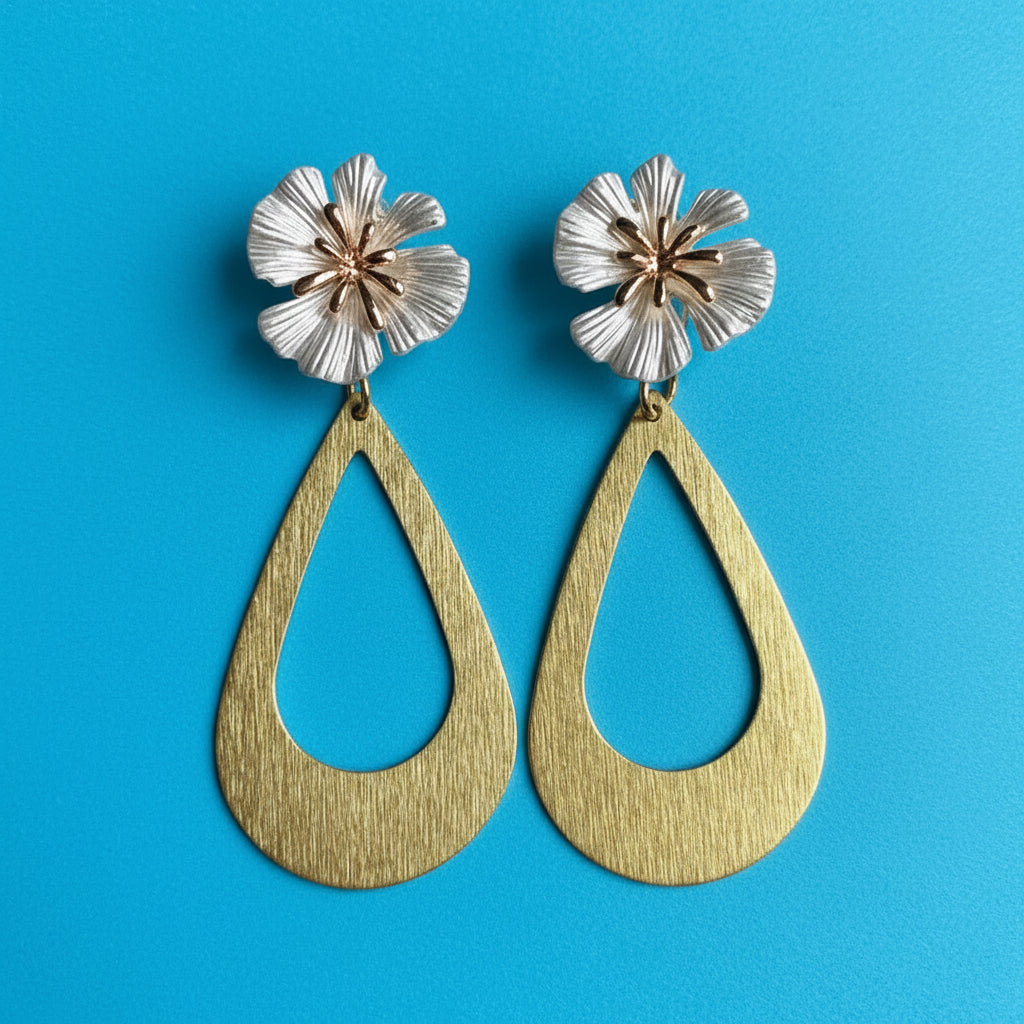 Hibiscus + Brass Teardrop Earrings