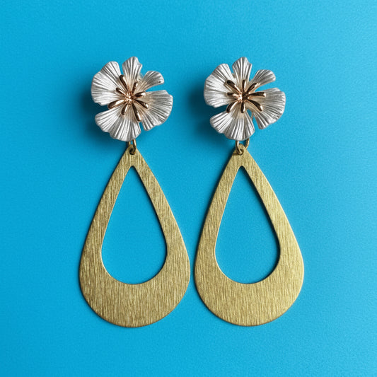 Hibiscus + Brass Teardrop Earrings