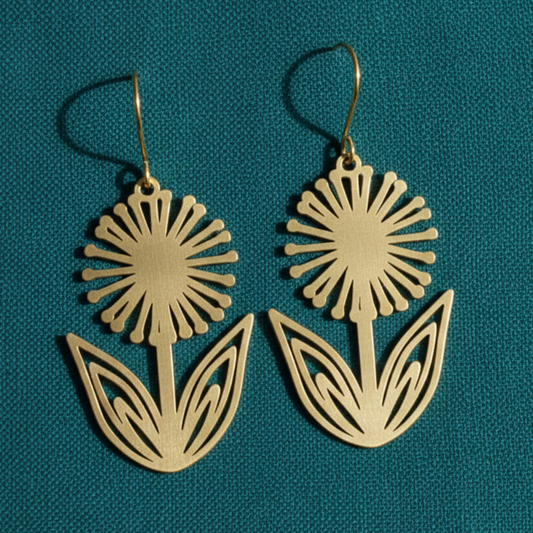 A pair of gold-toned laser-cut dandelion earrings with fishhook wires, displayed on a textured teal background.