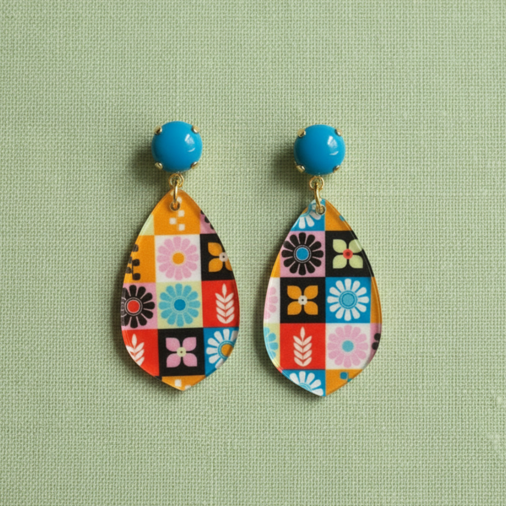 Mod Floral Folk Art Drop Earrings