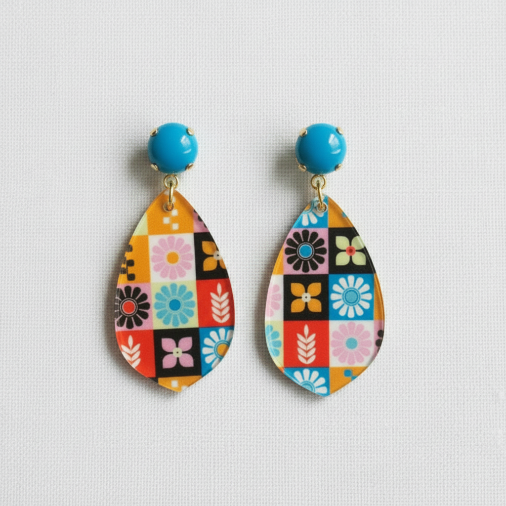 Mod Floral Folk Art Drop Earrings
