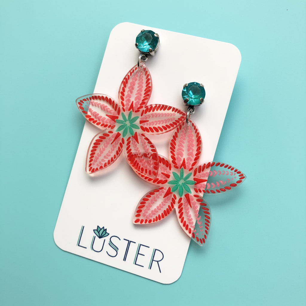Floral earrings on a Luster branded card against an aqua background