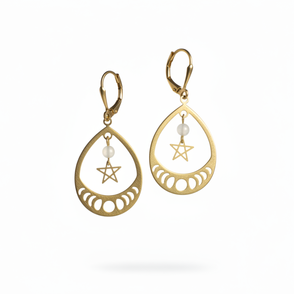 A pair of gold teardrop-shaped dangle earrings with a cutout moon phase design, a small white pearl bead, and a dangling star, shown on a clean white background.