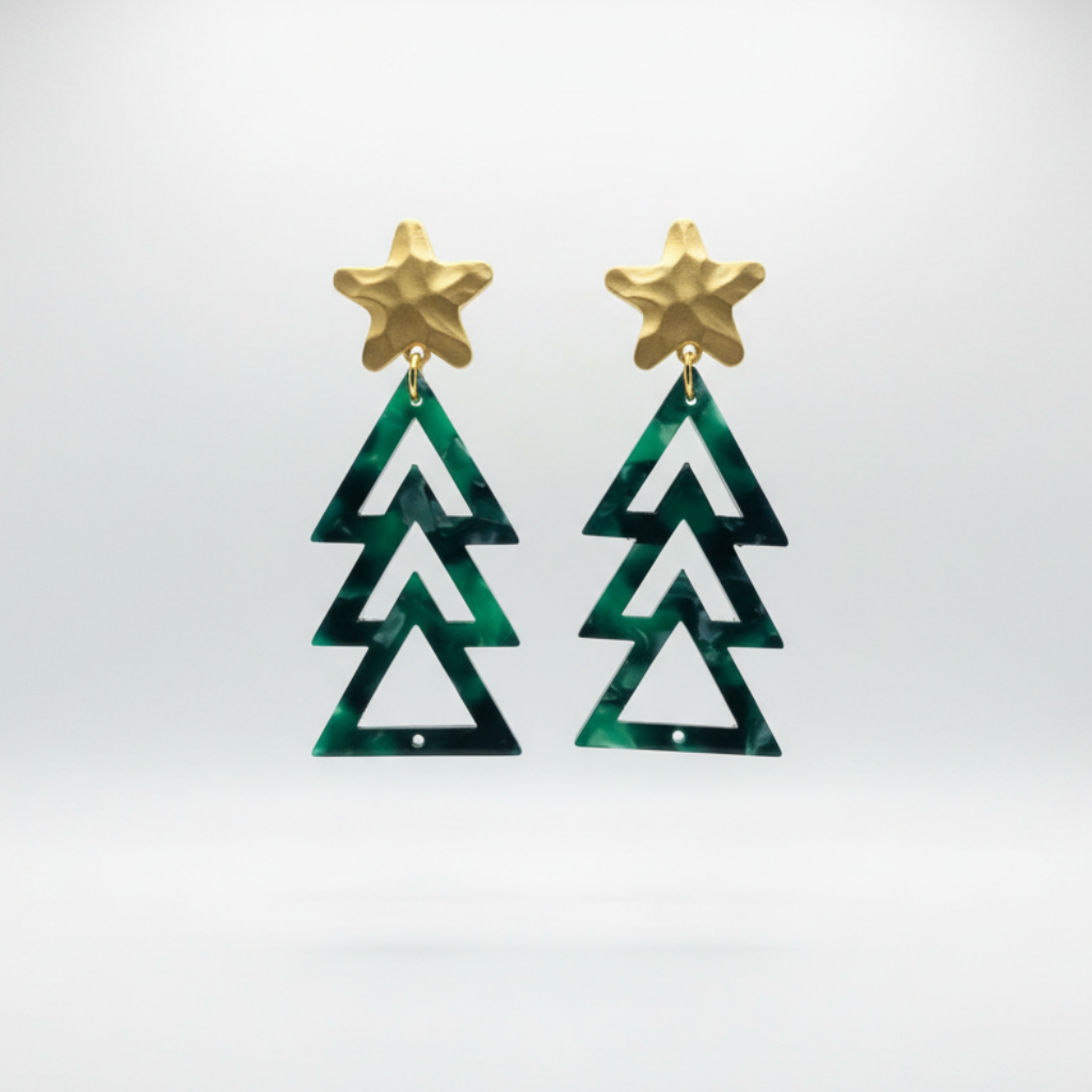 Green triangle-shaped earrings with gold star tops on a white background