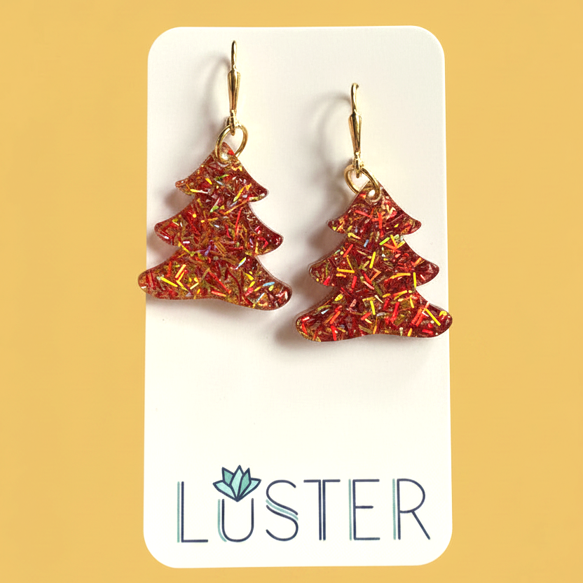 Red Tinsel Holiday Tree Earrings