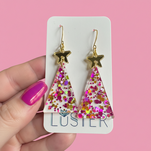Pink Confetti Holiday Tree Earrings