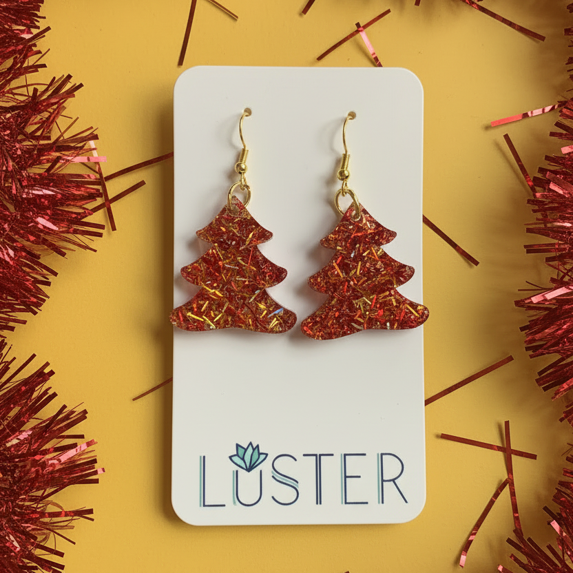 Red Tinsel Holiday Tree Earrings