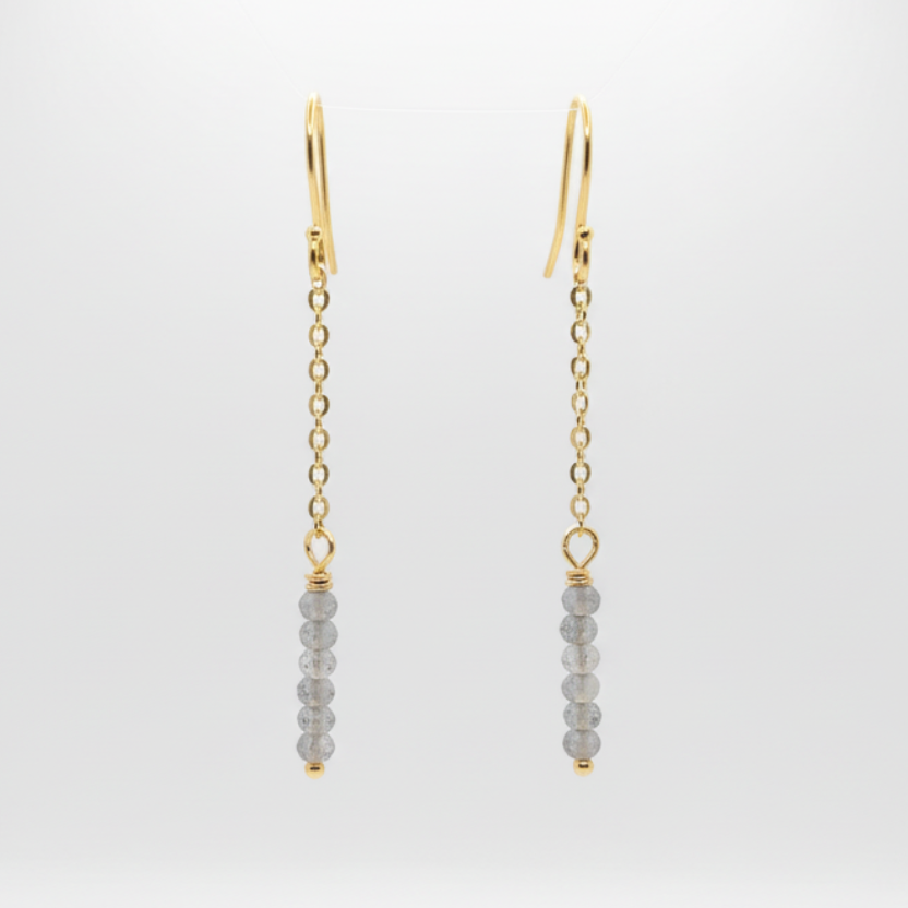 Gold chain earrings with small labradorite beads on a white background