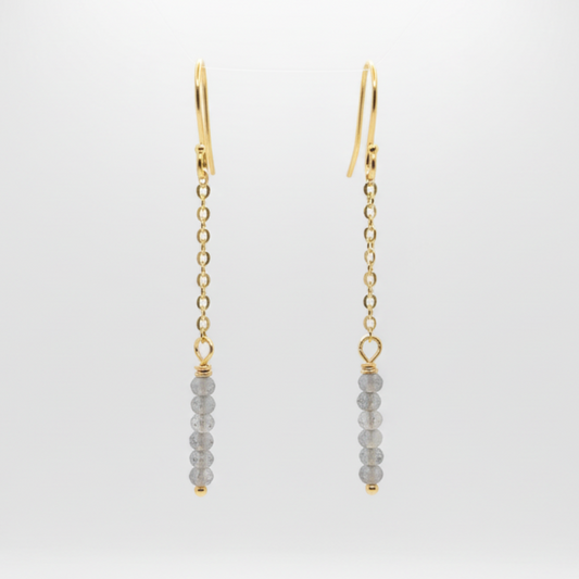 Gold chain earrings with small labradorite beads on a white background
