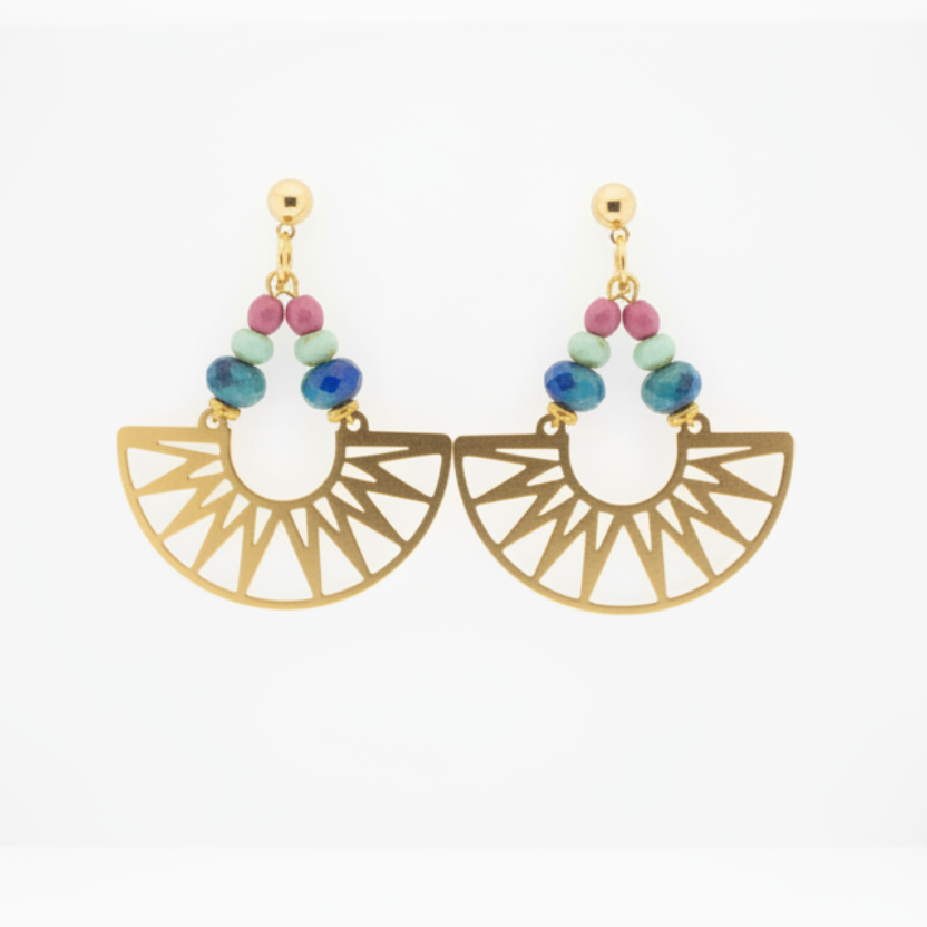 Gold earrings with colorful beads on a white background