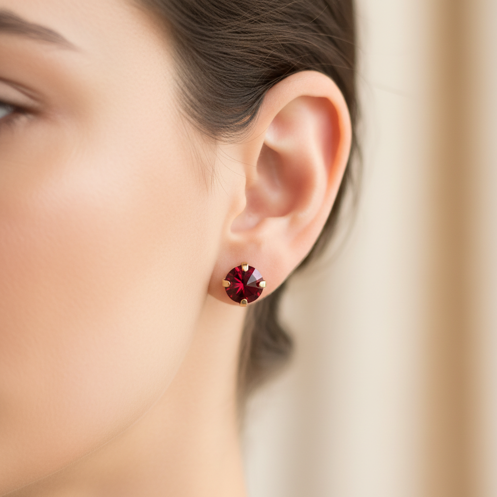 Red crystal stud earrings on a model.