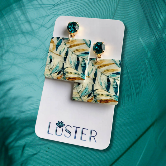 Teal Leaf Acrylic Square Earrings