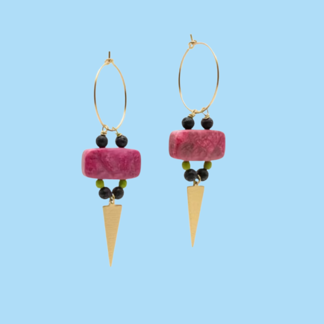 Pair of earrings with pink beads and gold cones on a blue background