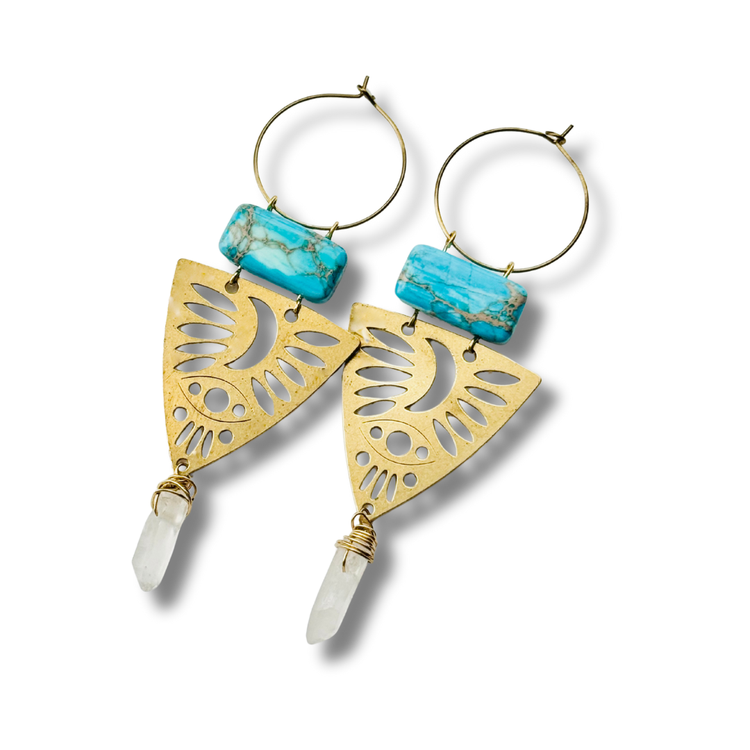 Gold Brass + Stone Lightweight Statement Unique Earrings