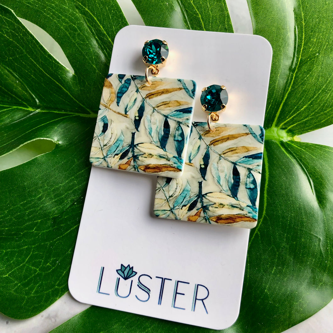 Teal Leaf Acrylic Square Earrings