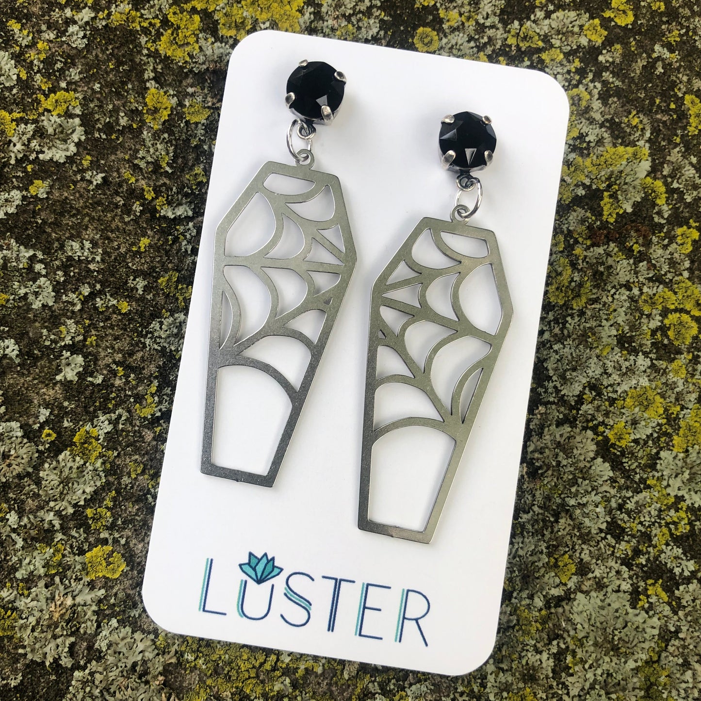 Silver Cobweb Coffin Earrings