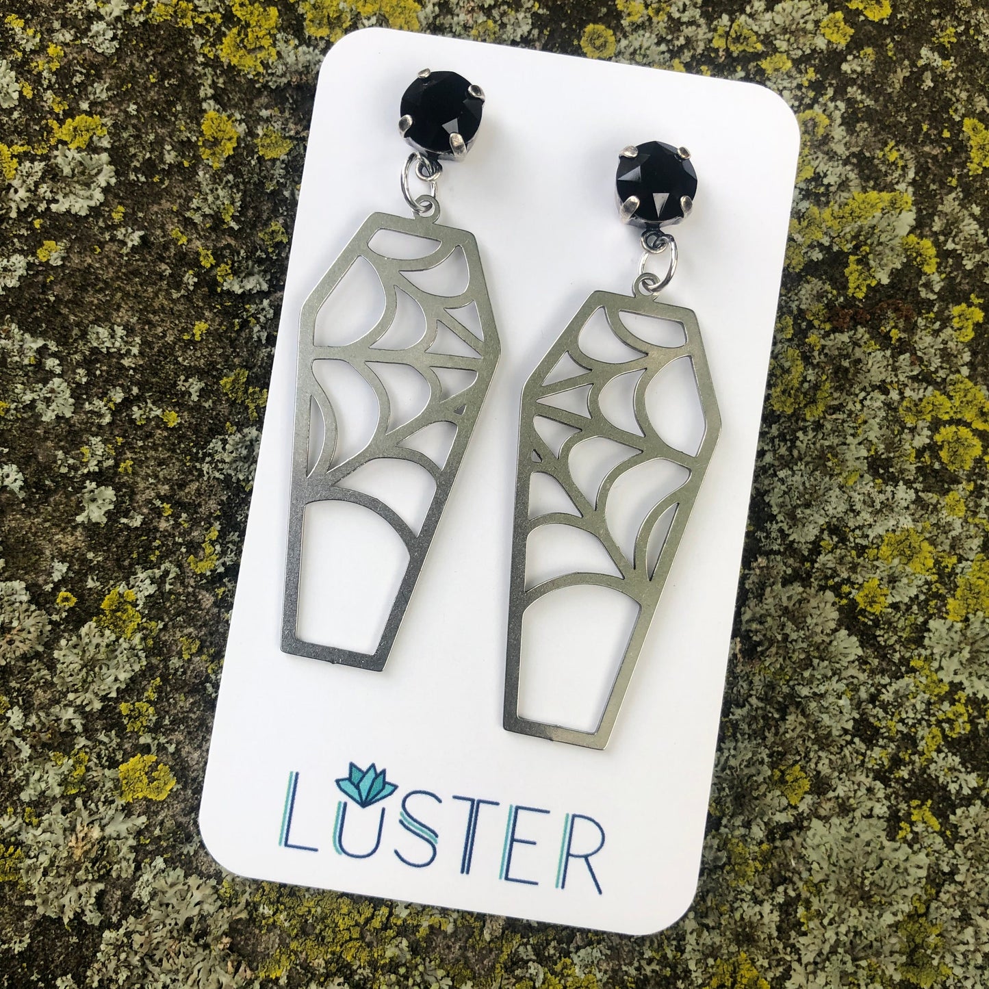 Silver Cobweb Coffin Earrings