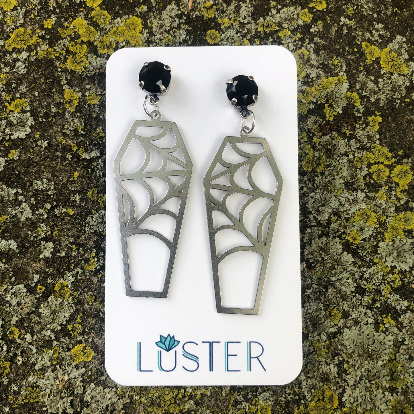 Silver Cobweb Coffin Earrings