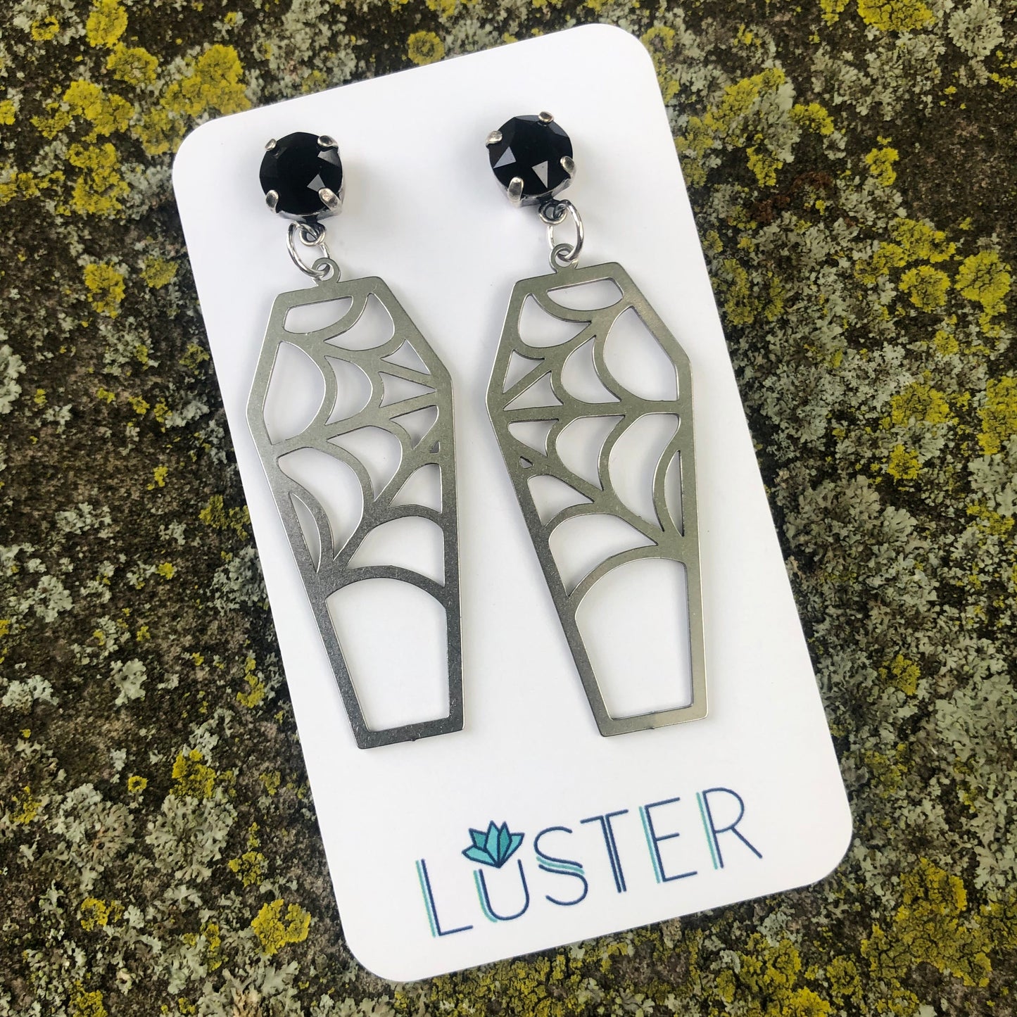 Silver Cobweb Coffin Earrings