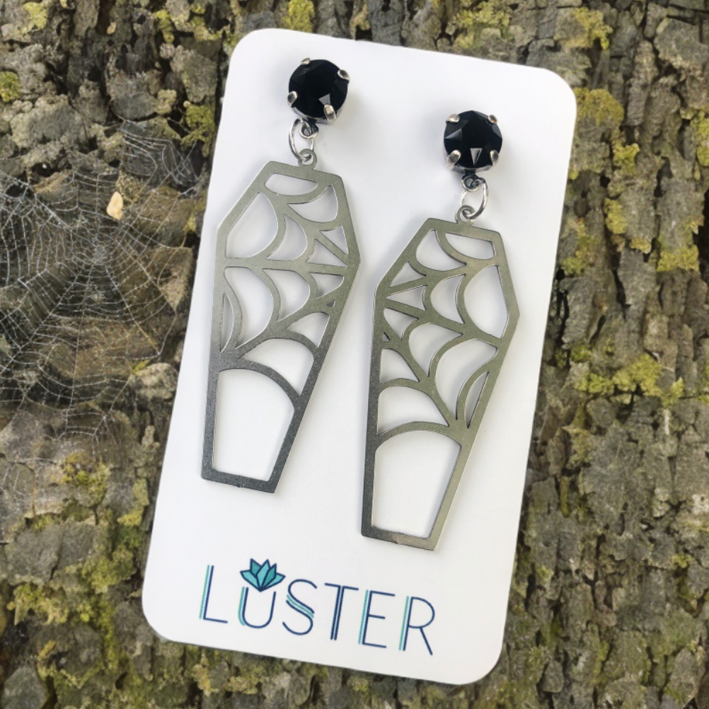 Silver Cobweb Coffin Earrings