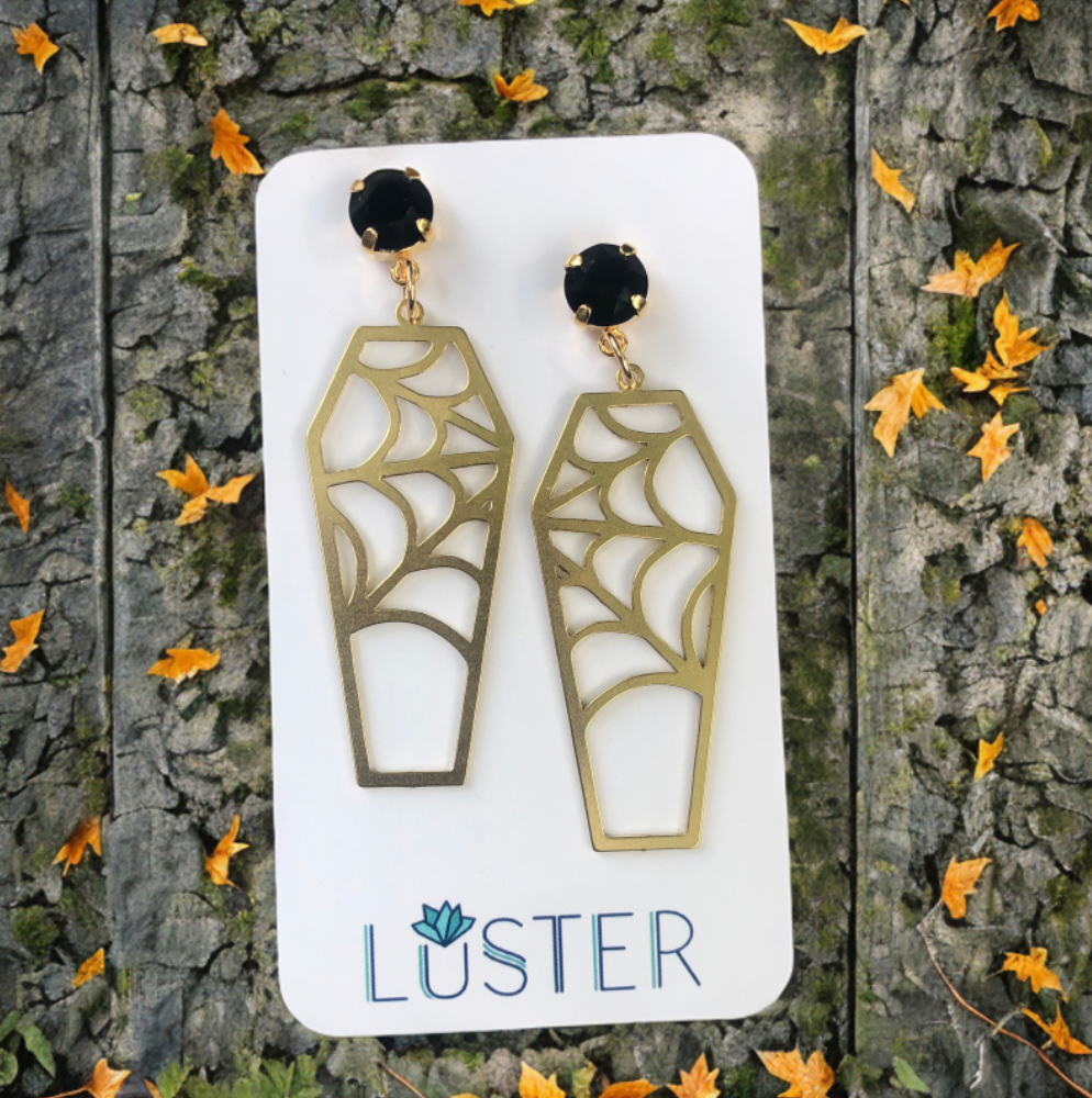 Brass Cobweb Coffin Earrings